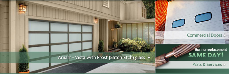 Amarr - Vista Collection. Textured Bronze aluminum frame with Frost (Saten Etch) glass.